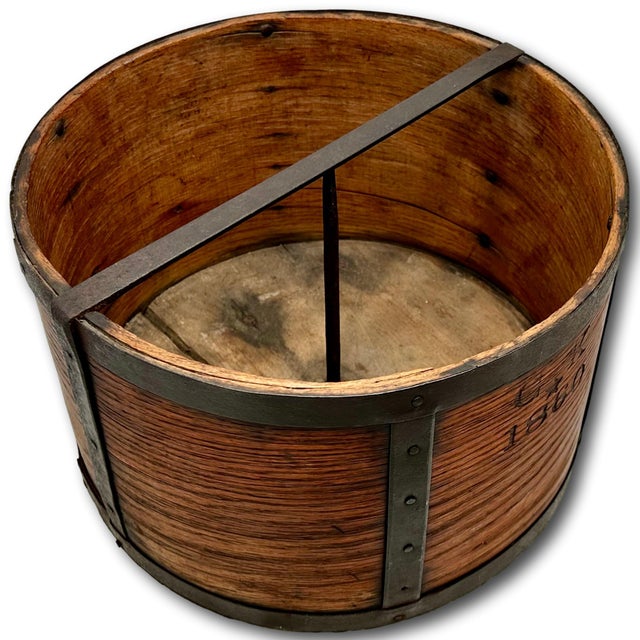Wood Rare & Unusual Large Antique American Steam Bent Ash Wood & Wrought Iron Gristmill Dry Measure - Dated 1860 For Sale - Image 7 of 18