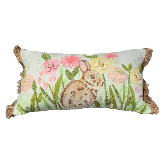 Embroidered Floral Spring Garden Linen Fringe Lumbar Pillow For Sale - Image 11 of 12