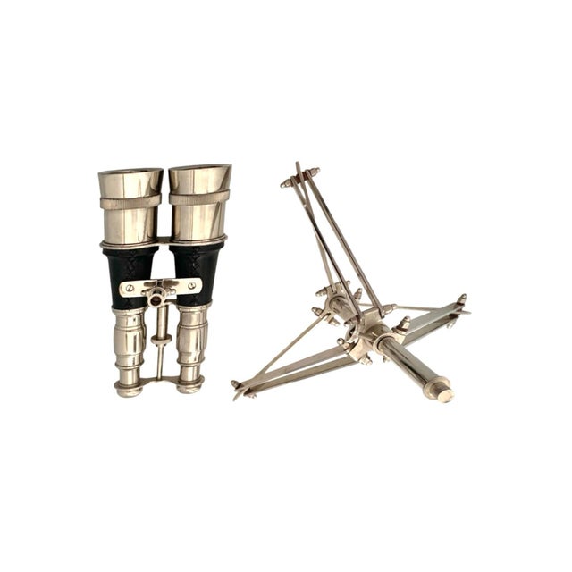 Binoculars Chrome Double Lenses on Tripod Stand Vintage Nautical Office Decor For Sale - Image 9 of 9