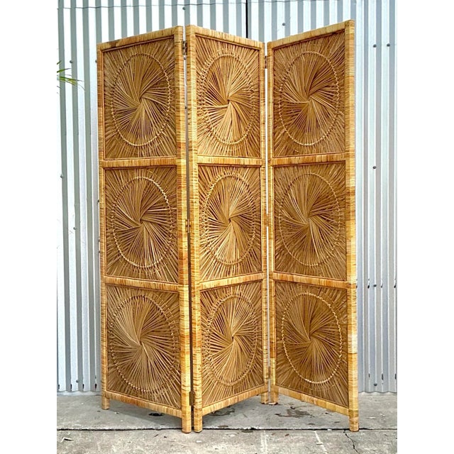 Vintage Costal Woven Rattan Folding Screen For Sale - Image 4 of 6
