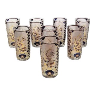 Culver 22k Gold Signed Asian Inspired Design Glassware Barware 1970s Set of 8 For Sale