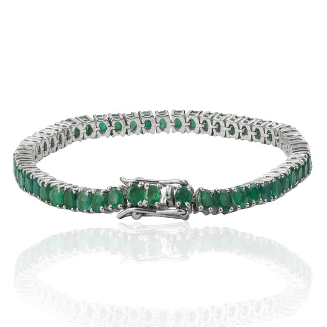 Metal Art Deco Style 10.19 CTW Prong Set Emerald Fine Line Tennis Bracelet - May Birthstone Edition For Sale - Image 7 of 14