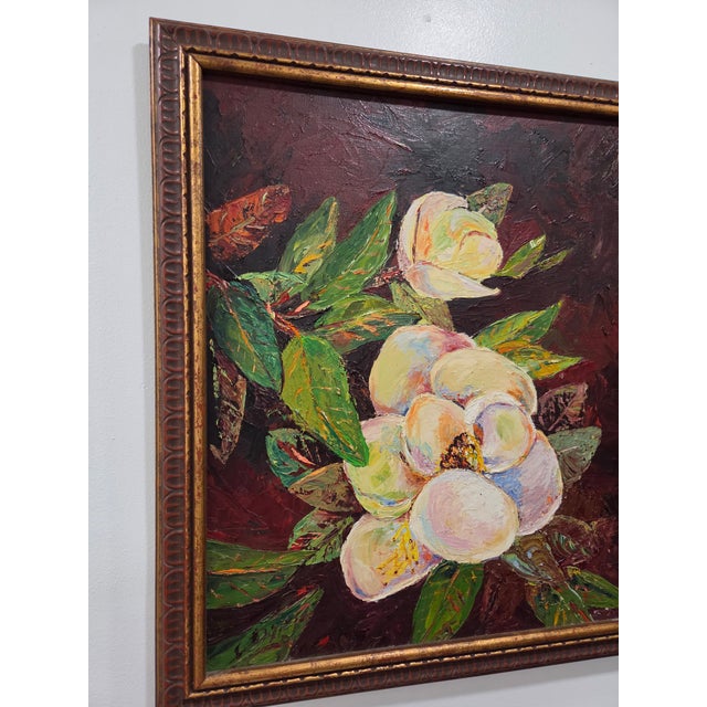 Impressionist Framed Impressionist Floral Magnolia Still Life Oil Painting Wall Art, Burgundy For Sale - Image 3 of 8