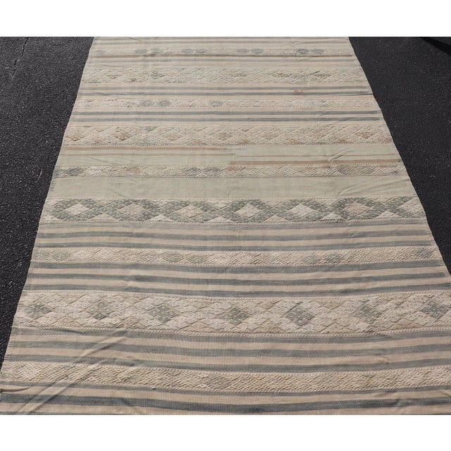 Vintage Turkish Gallery Kilim With Soft Blue-Gray and Sand Striped Motifs For Sale - Image 4 of 11