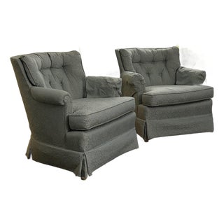 Vintage Mid-Century Tufted Damask Skirted Club Chairs - Attributed to Ethan Allen (A Pair) For Sale