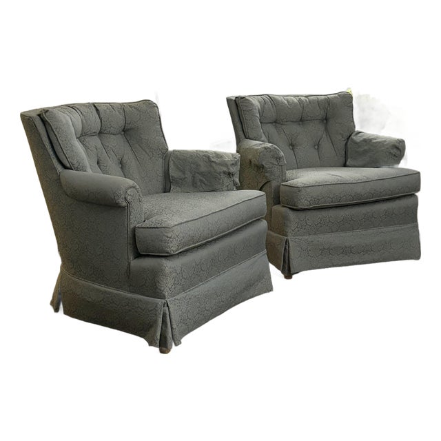 Vintage Mid-Century Tufted Damask Skirted Club Chairs - Attributed to Ethan Allen (A Pair) For Sale