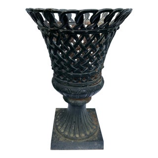 Vintage Basket Weave Cast Iron Planter on Pedestal For Sale