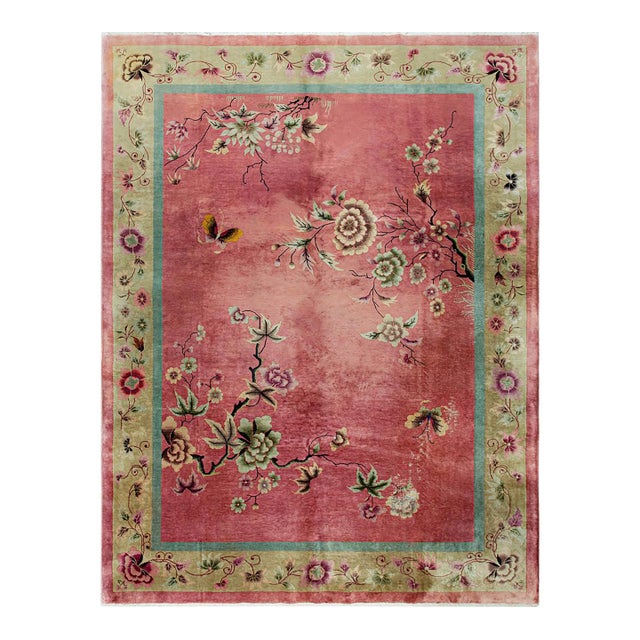 1920s Pink Cerise Floral Sprays Antique Chinese Art Deco Carpet 9' X 11' 5'' Knotted Wool Rug For Sale