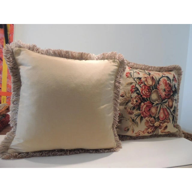 Vintage Aubusson Style Orange and Green Tapestry Square Decorative Pillows - Set of 2 For Sale In Tampa - Image 6 of 7