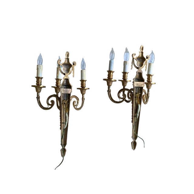 1920s Pair of Antique Louis XVI Style Gilt Bronze 3-Light Sconces France 1920s-1930s For Sale - Image 5 of 7