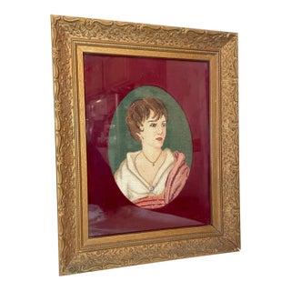 Antique 1800's Victorian Hand Embroidered Figural Lady Needlepoint Portrait Art For Sale