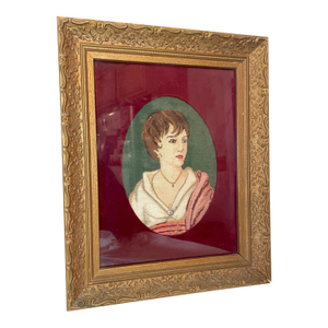 Antique 1800's Victorian Hand Embroidered Figural Lady Needlepoint Portrait Art