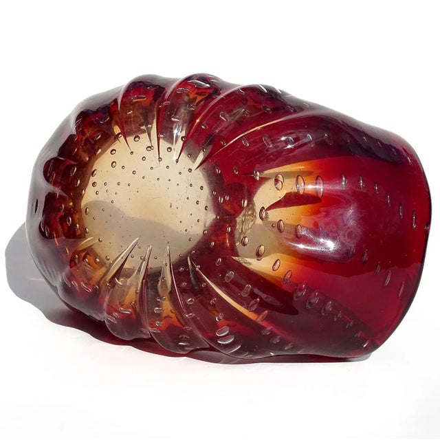 Mid 20th Century Vintage Murano Red Orange Amberina Controlled Bubbles Italian Art Glass Basket Shape Bowl For Sale - Image 5 of 6