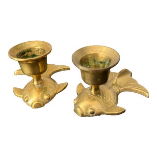 Mid 20th Century Solid Brass Koi Fish Candle Holders - a Pair For Sale