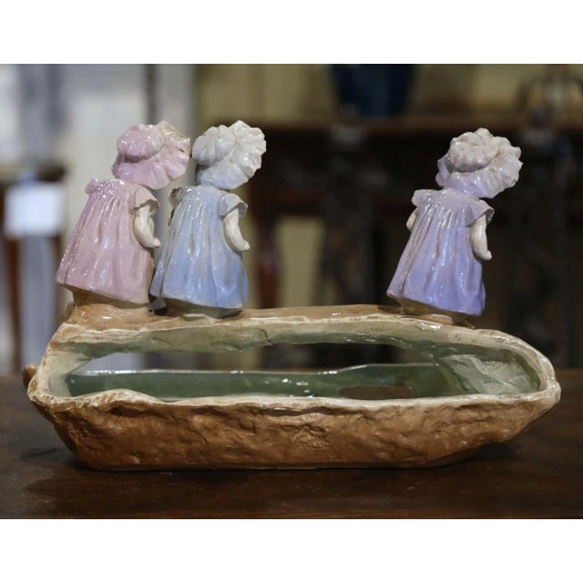 19th Century French Barbotine Centerpiece Jardinière With Young Girls For Sale - Image 9 of 11