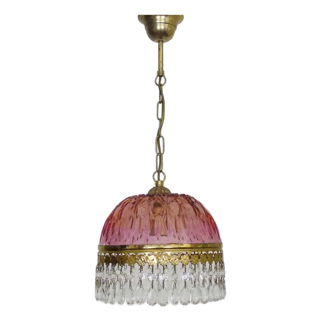 Vintage Pink Pendant Light with Tassels and Patterned Glass Globe, 1970s For Sale