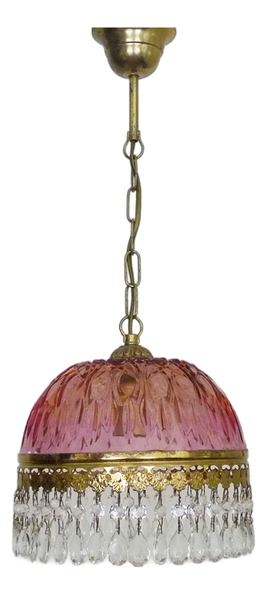 Vintage Pink Pendant Light with Tassels and Patterned Glass Globe, 1970s