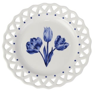 White with Blue Tulips Pierced Scalloped Salad Plate, 9" For Sale