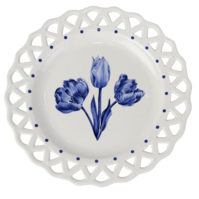 White with Blue Tulips Pierced Scalloped Salad Plate, 9" For Sale