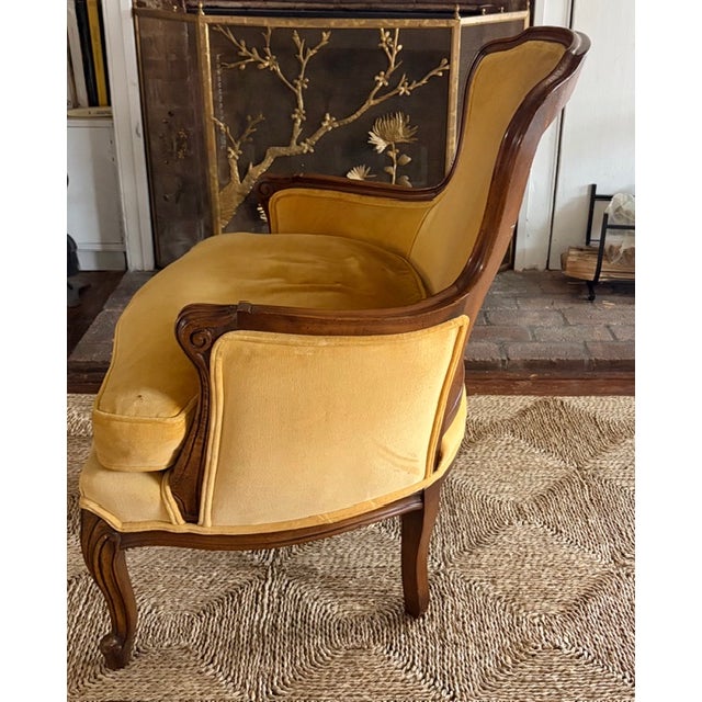 Wood French Louis XV Bergere Chair Is Yellow Velvet and Down Seat, Signed For Sale - Image 7 of 15