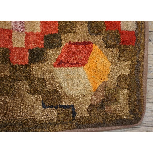 1920s Brown Diamond Folk Art Antique American Hooked Rug 1'10" X 14' Hand Knotted Cotton Wool Carpet For Sale - Image 10 of 11