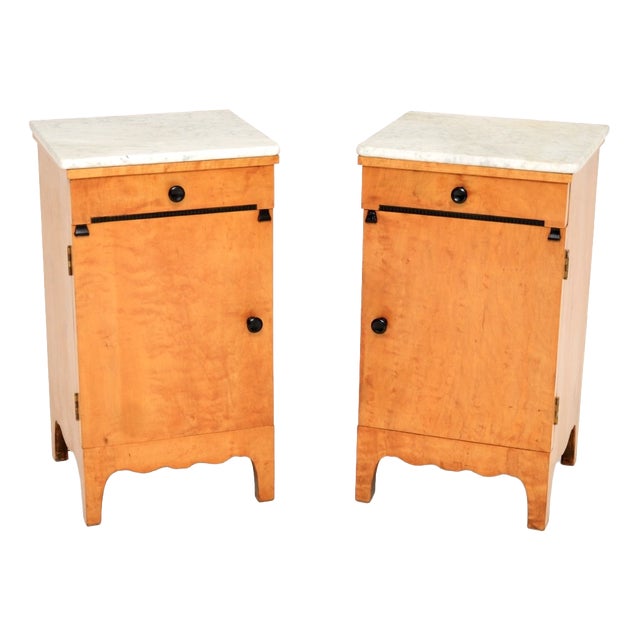 Antique Swedish Satin Birch Bedside Cabinets with Marble Tops, 1890s, Set of 2 For Sale