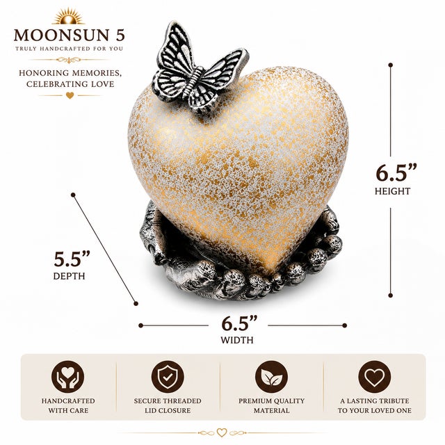 Premium Quality Construction: Large heart cremation urn with hand shape stand, featuring a white and gold butterfly heart...