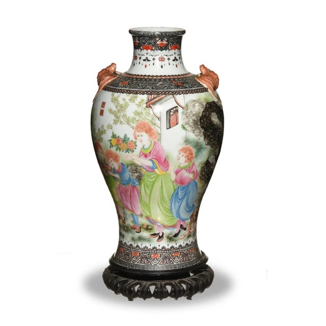 Late 19th Century Large Antique Chinese Famille Rose Porcelain Floor Vase With Figural Scene and Wooden Stand For Sale - Image 5 of 9