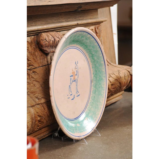 1910s Northern Italian Pottery Platter with Blue Deer Motif and Weathered Patina For Sale - Image 10 of 13