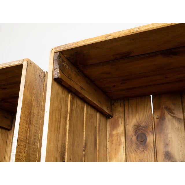 Two vintage English raw wood pine display or storage cabinets from the mid 20th century, with twenty cubby holes each and...