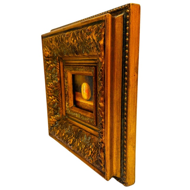 1970s 1970s Miniature Peach Still Life Oil Painting in Deep Carved Giltwood Frame For Sale - Image 5 of 6