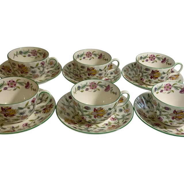 Vintage Minton Haddon Hall Flat Cup &amp; Saucer Set of 6 Fine Bone China Green Trim Made in England 1948-2011. Each Cup...