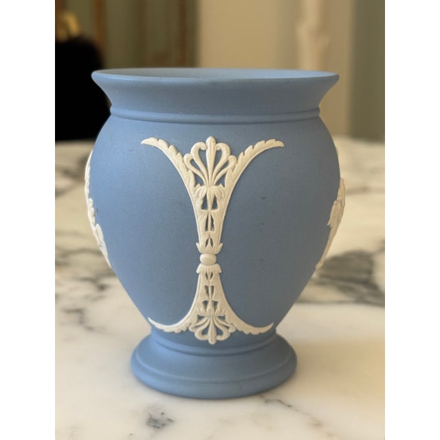 Ceramic Vintage English Wedgwood Blue Jasperware Neoclassical Vase For Sale - Image 7 of 17