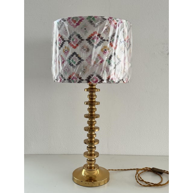 1970s Mid-Century Brass Table Lamp with Ikat Lampshade, 1970s For Sale - Image 5 of 15