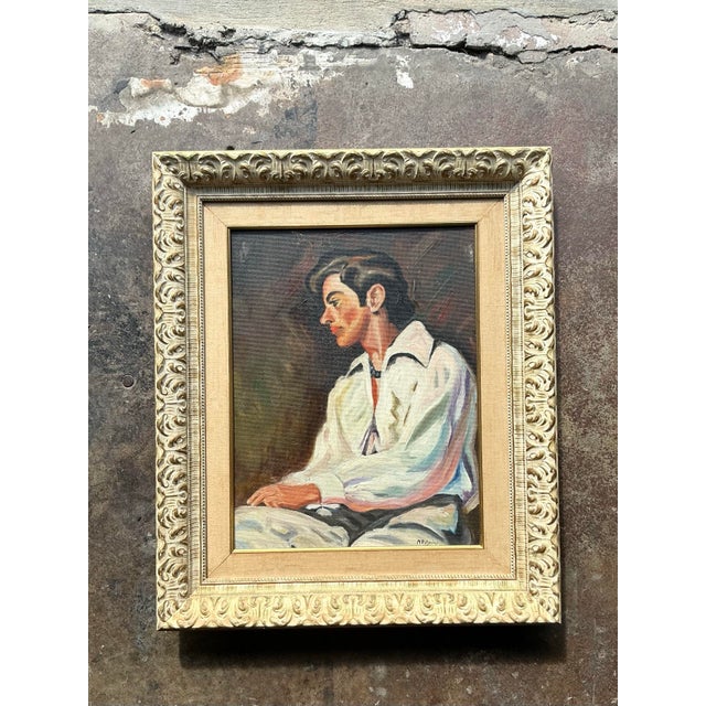 Vintage Boho Spanish Original Oil Portrait of Man For Sale - Image 10 of 12