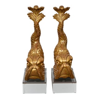 Pair of Baroque Style Giltwood Dolphin Carvings on Lucite Bases, 19th Century For Sale