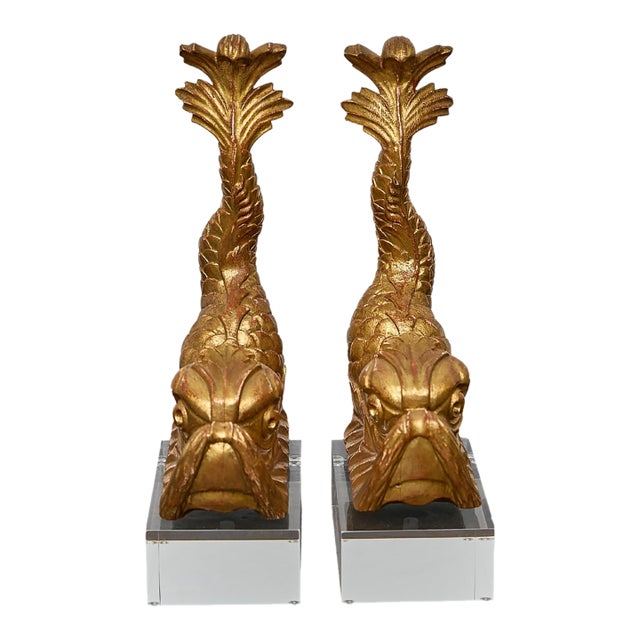 Pair of Baroque Style Giltwood Dolphin Carvings on Lucite Bases, 19th Century For Sale