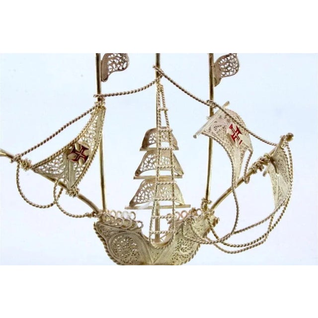 Small Silver Filigree Caravel with Enamelled Crosses For Sale - Image 6 of 8