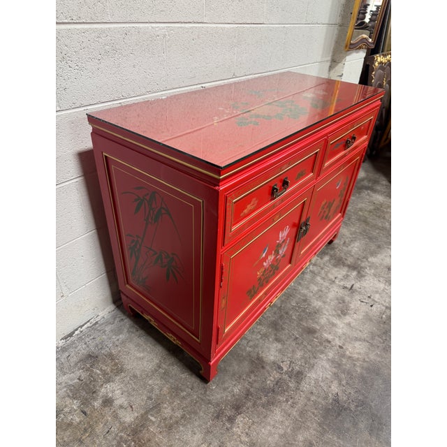 Asian Hand Painted Red Lacquered Chinoiserie Cabinet For Sale - Image 3 of 12