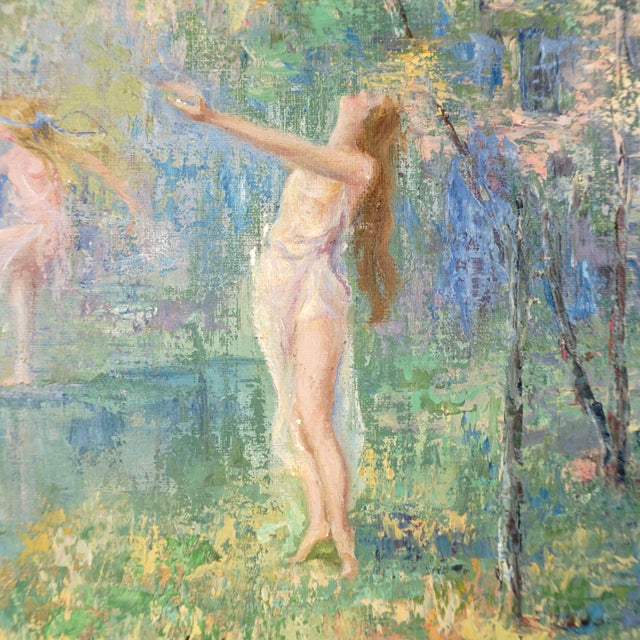 Listed Texas Artist Leola Freeman, Dancing Nymphs in a Forest Oil Painting, American Impressionist For Sale - Image 6 of 9