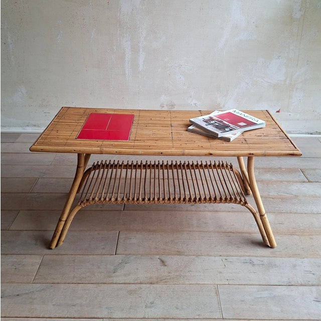 French Rattan Coffee Table with Tiles, 1960s For Sale - Image 4 of 11