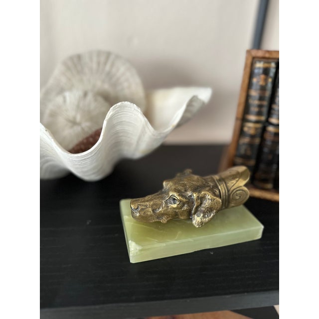 Brass Dog Head Letter Clip on Green Onyx Base, Germany, 1920s For Sale - Image 12 of 13