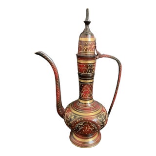 Vintage Red & Black Engraved Brass Decorative Surahi Pitcher For Sale