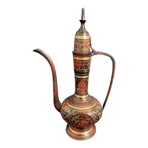 Vintage Red & Black Engraved Brass Decorative Surahi Pitcher