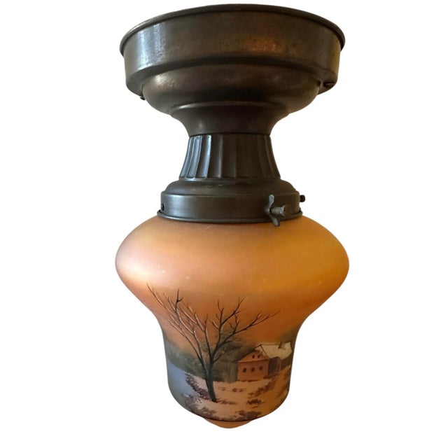 1910s Hand Painted Glass Flushmount on Rare Brass Holder For Sale - Image 4 of 4