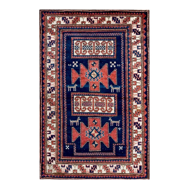1900s Blue Navy Tribal Primitive Antique Caucasian Kazak Rug 4'4" X 6'6" Knotted Wool Carpet For Sale