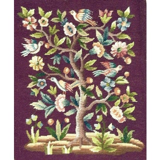 Vintage Needlepoint Wool Hand Stitched Tree of Life Tapestry For Sale