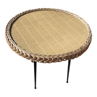 Vintage Round Rattan Side Table For Sale