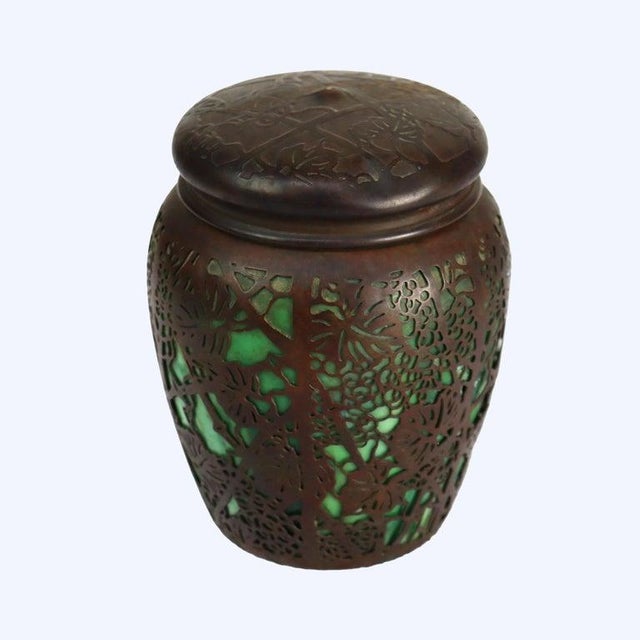 Antique Tiffany Studios Reticulated Floral & Foliate Sterling Silver Over Emerald Green Glass Tobacco Jar Signed C1900...