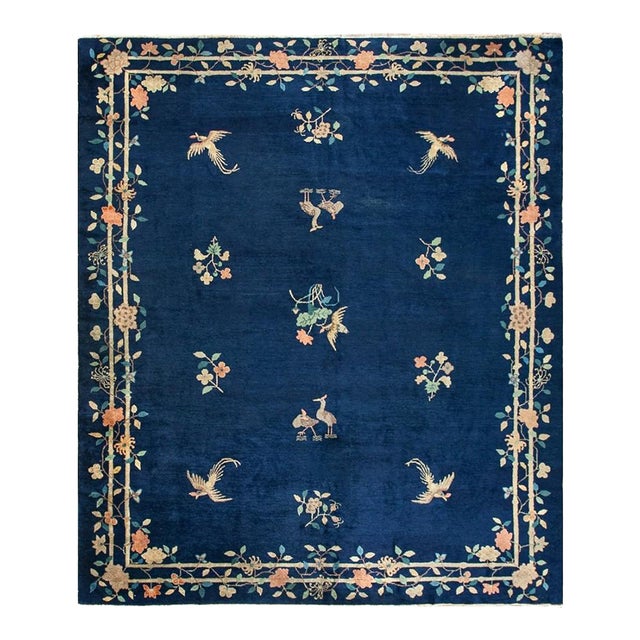 1920s Blue Floral Bird Deco Antique Chinese Peking Wool Rug 8'1'' X 9'5'' For Sale